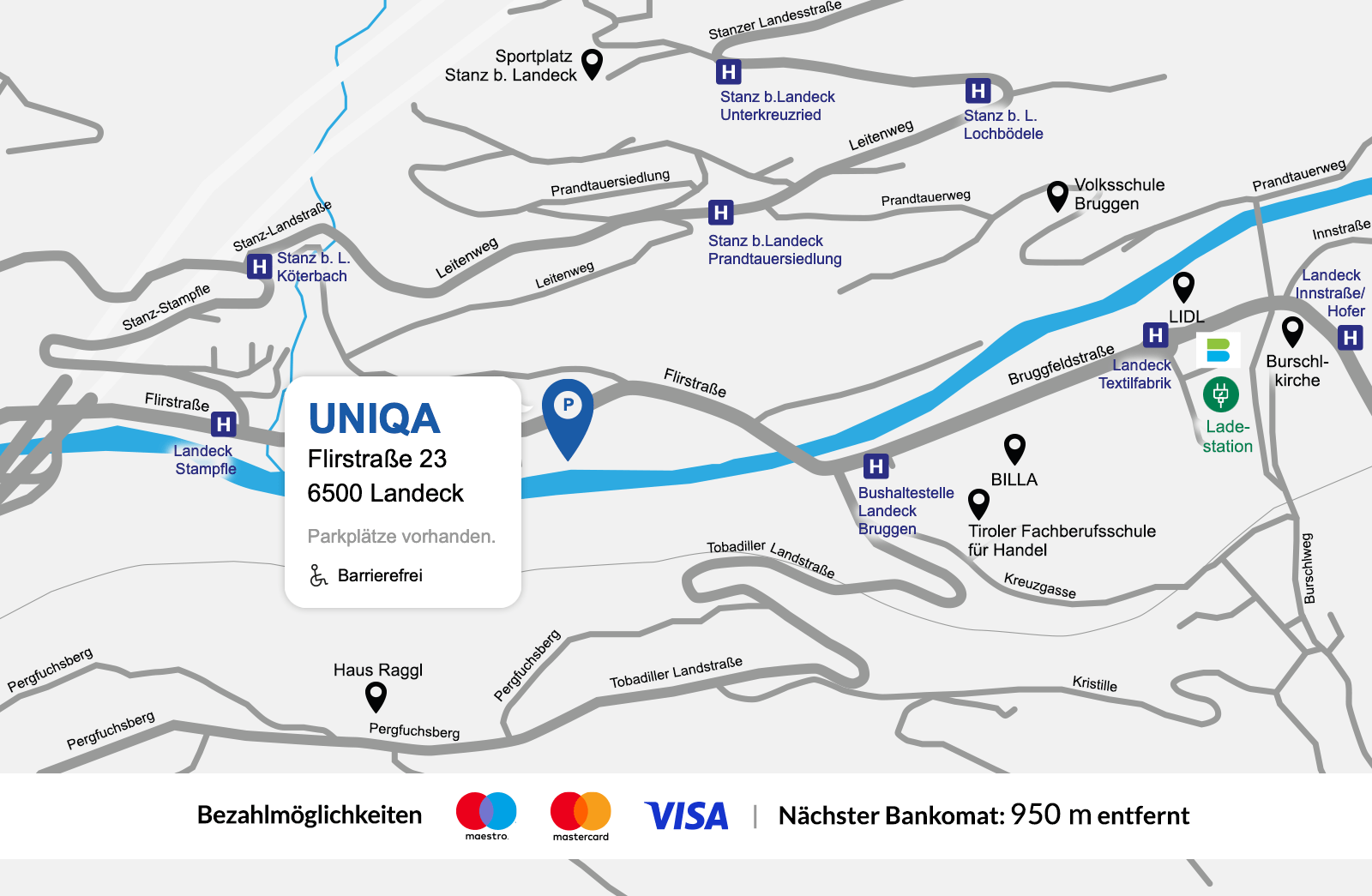 Eine detaillierte gezeichnete Karte der UNIQA Generalagentur Oberland
